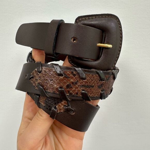 Vintage 90's The Limited Brown Leather Belt Reptile Embossed Accent Size L - Picture 1 of 9